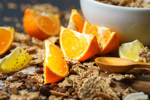 orange fruit muesli oat flakes menu background lemon healthy breakfast