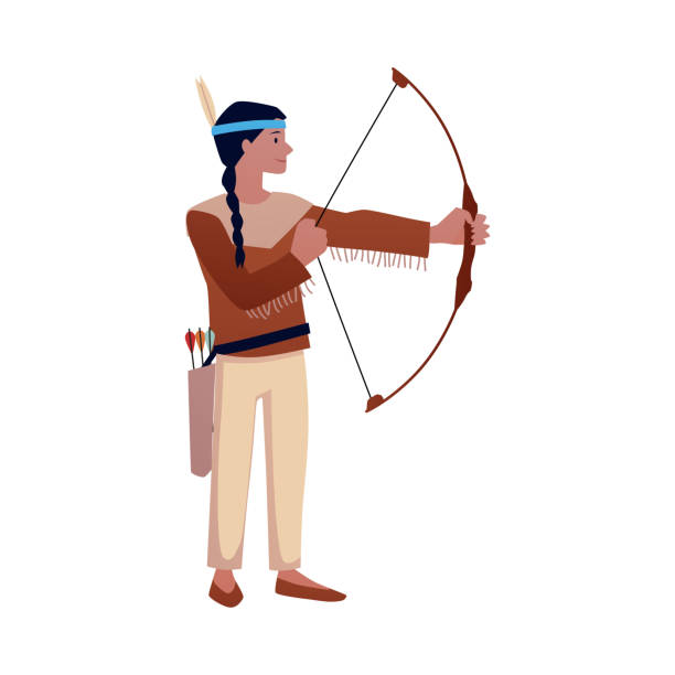Native American woman in traditional clothing with drawn bow. Native American woman in traditional clothing with drawn bow. Vector character illustration on isolated background. Traditional culture. Archer, hunting. Flat cartoon style. cherokee clip art stock illustrations