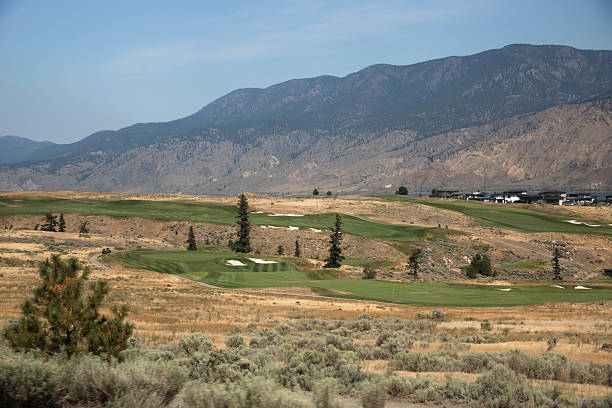 istock Golf course landscape with green grass and mountains in the background. 2205903915