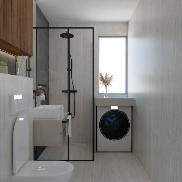 istock Bathroom interior with a shower booth and a sink 2205907401