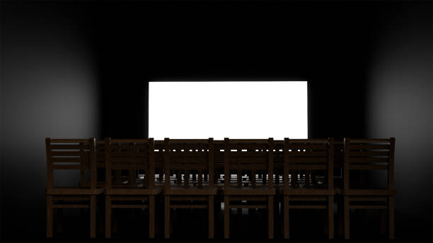 Empty cinema hall with red seats and blank white screen, dark background, wooden panel walls, concept of promotion, event, or branding. 3D Rendering.