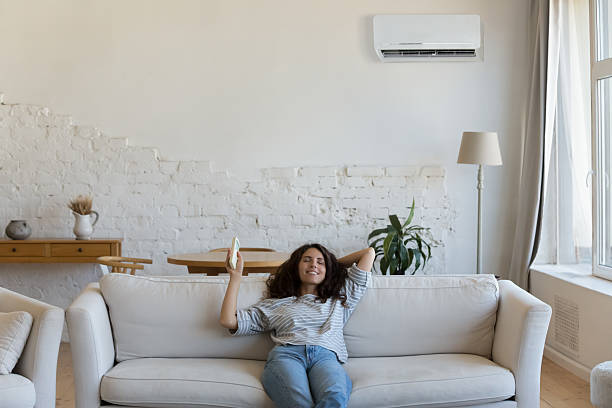 istock Cheerful relaxed homeowner woman holding AC remote control 2205909424