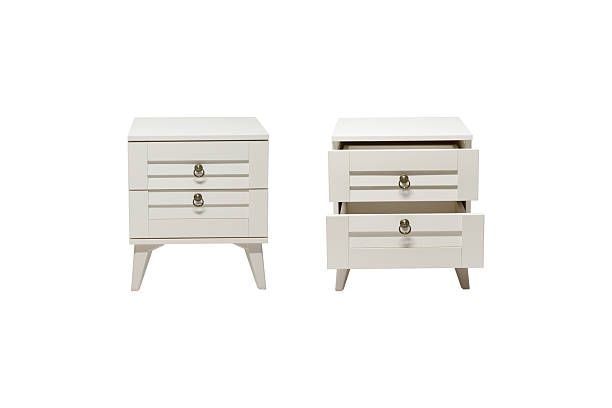 istock Modern White Wooden Nightstands with Multiple Drawers - Contemporary Bedside Tables with Angled Legs for Bedroom Furniture and Minimalist Storage Solutions 2205914442