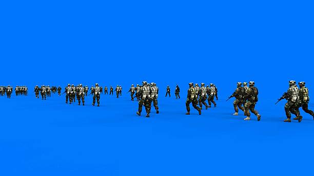 istock a crowd of walking soldiers with weapons. green screen. War, conflict concept. 3d rendering 2205914472