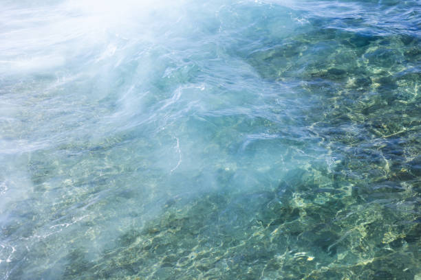 Crystal clear blue water with sunlight reflecting on the bottom, creating a serene and tropical impression. Waves and light ripples shimmer and texture the surface, highlighting the coastal beauty