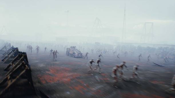 istock zombie car drives and hits zombies. Apocalyptic concept. 3d rendering. 2205921633