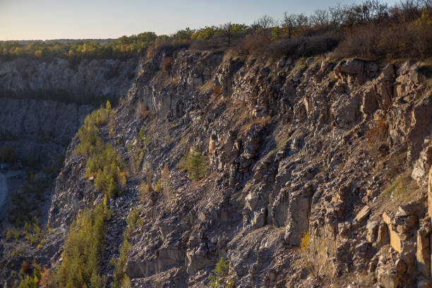 Rocky cliff with rough textures, golden sunlight, and sparse vegetation. The rugged terrain highlights natural erosion, with scattered dry plants and earthy tones dominating the landscape.
