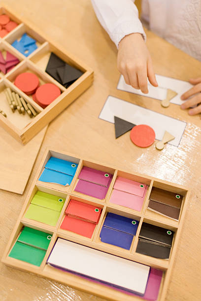 Montessori learning activity with colorful shapes