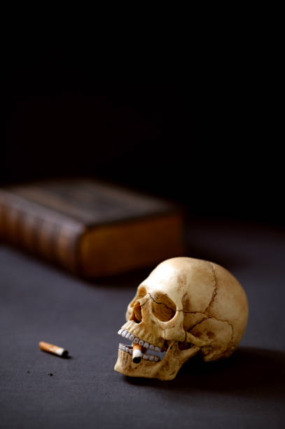 istock Artificial realistic human skull smoking a cigarette Copy space. Dark background 2205923479