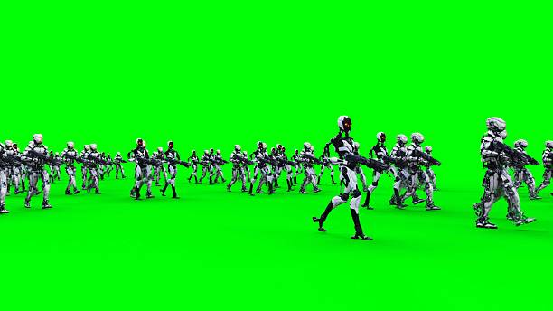 a crowd of walking robots with weapons. green screen
