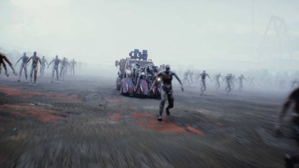 istock zombie car drives and hits zombies. Apocalyptic concept. 3d rendering. 2205925250