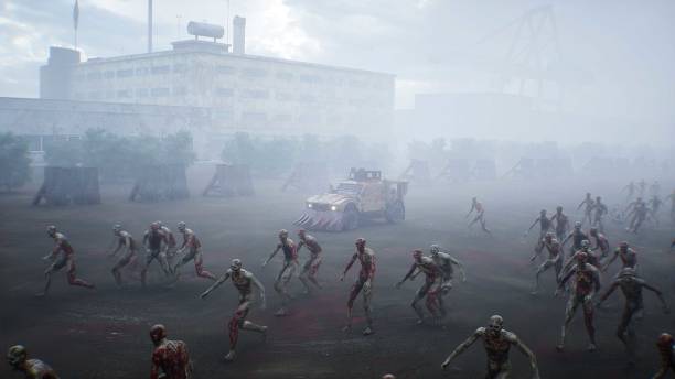 istock zombie car and walking crowed zombies. Apocalyptic concept. 3d rendering. 2205925327