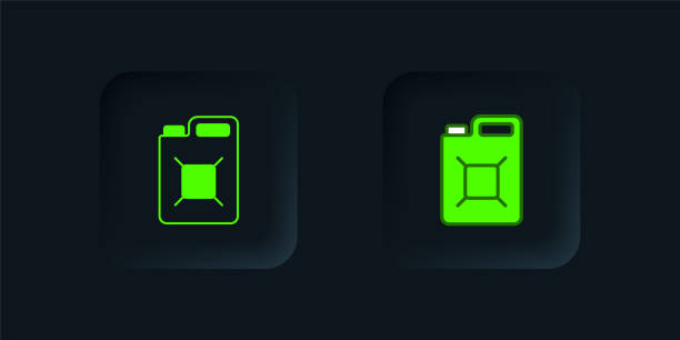 istock Green Canister for gasoline icon isolated on black background. Diesel gas icon. Black square button. Vector 2205926769