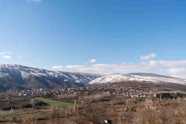 This is a wide shot capturing a serene Muslim Turkish village nestled in the Anatolian countryside. The village is comprised of modest houses with red-tiled roofs, clustered together in a valley. Snow-capped mountains rise majestically in the background under a clear, blue sky dotted with a few clouds. The foreground shows barren trees and patches of green fields, suggesting it might be early spring or late autumn. This image portrays a peaceful rural scene, typical of the Turkish landscape.