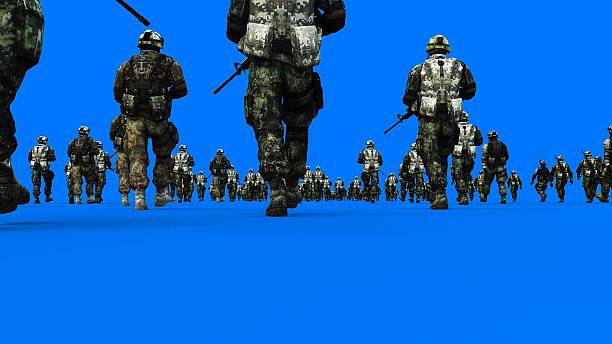 istock a crowd of walking soldiers with weapons. green screen. War, conflict concept. 3d rendering 2205928800