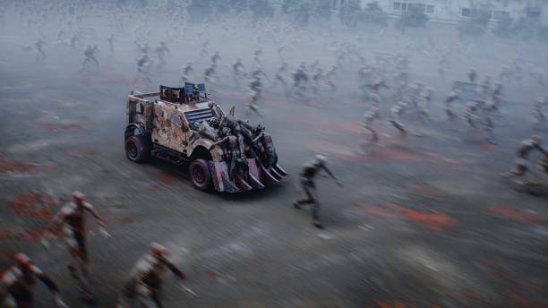 istock zombie car drives and hits zombies. Apocalyptic concept. 3d rendering. 2205930194