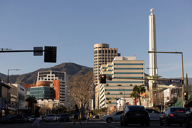 Glendale, California, USA - March 15, 2025: The landmark art deco tower of the Alex theatre stands in the downtown urban core.