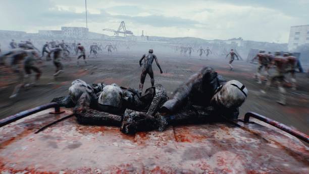istock zombie car drives and hits zombies. Apocalyptic concept. 3d rendering. 2205931208
