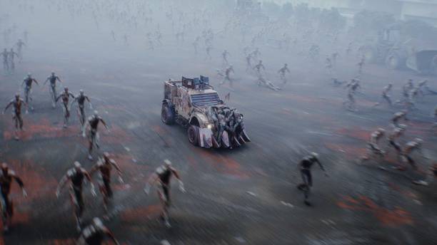istock zombie car drives and hits zombies. Apocalyptic concept. 3d rendering. 2205931621