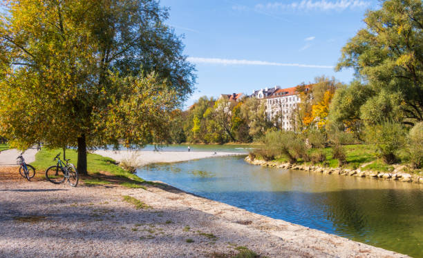 The Isar River and bikes in autumn in Munich, Bavaria, Germany