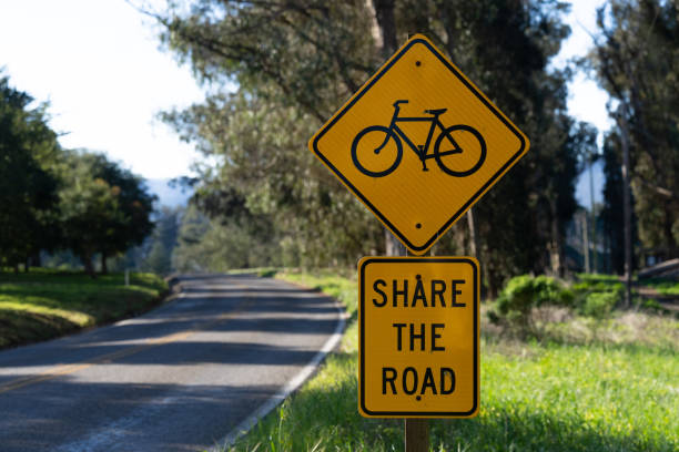 Yellow diamond-shaped sign with a bicycle symbol and a rectangular sign below reading \