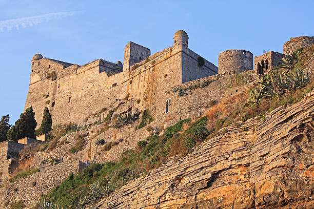 Portovenere, Italy - October 03, 2009: Castello Doria Medieval Fortification at Top of Hill Historic Ladmark Liguria Coast Defence Autumn Day.