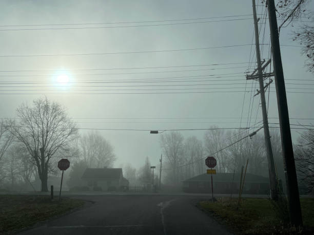 Rural intersection in diffused morning light caused by light fog