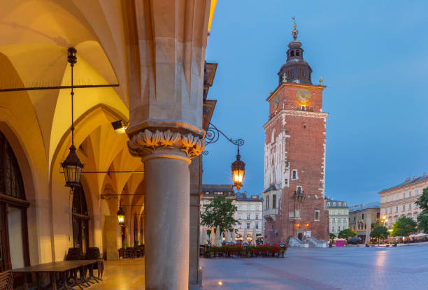 Early morning view of the Town Hall Tower on the Main Square in Krakow, Poland