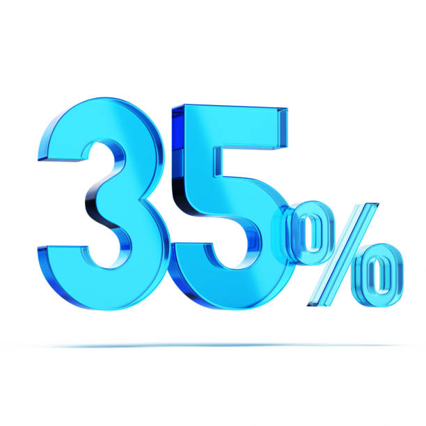 3d render Blue Glass 35 percent sign sitting on white background,Discount and Commission Concept (Object + Shadow Clipping Path)