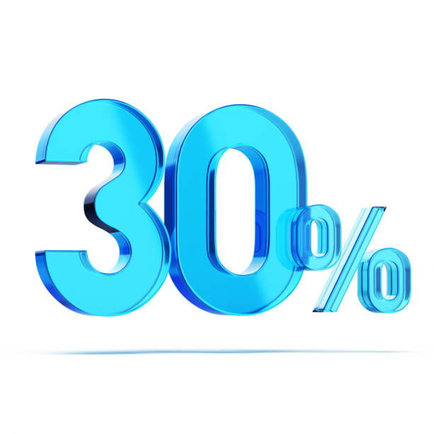 3d render Blue Glass 30 percent sign sitting on white background,Discount and Commission Concept (Object + Shadow Clipping Path)