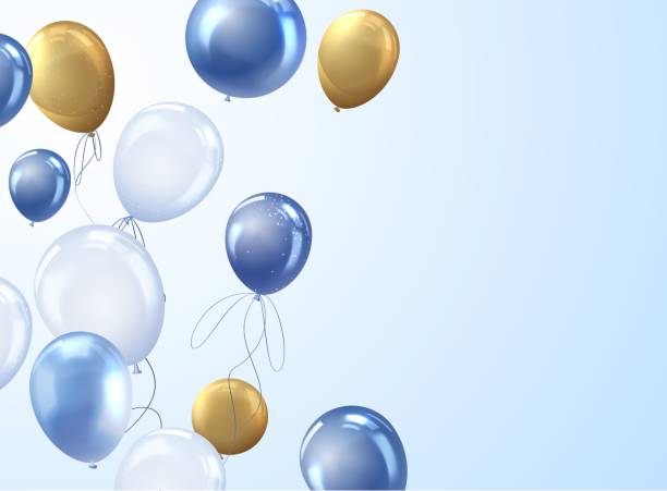 istock Golden and blue inflated balloons on gradient background, helium balloons for romantic events, festive 3d vector design 2205953357