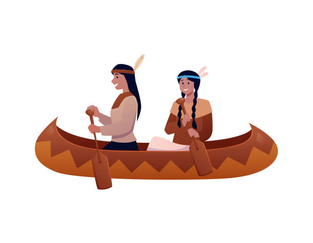 Vector illustration of native americans in canoe, isolated background. Vector illustration of native americans in canoe. Happy characters in traditional clothes paddling with oars. Traditional culture. Flat cartoon style. Isolated background. cherokee clip art stock illustrations
