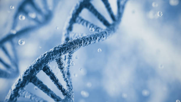 istock 3d rendering DNA and flying molecule cells on microscope background, Depth Of Field. 2205959128