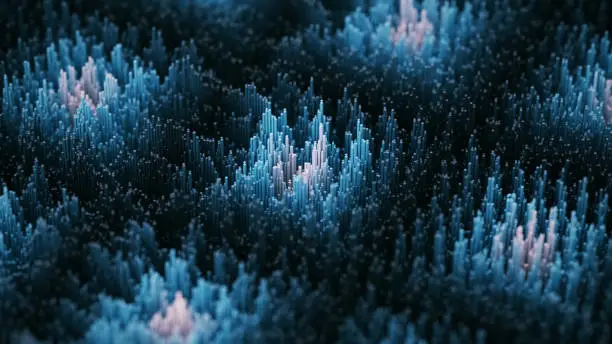 Photo of Digital Analytics Landscape - Blue, White- Technology, Big Data, Forecasting. Futuristic technological wavy motion background, rippled curved flowing pattern, with circle shape particulars.