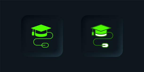 istock Green Graduation cap with mouse icon isolated on black background. World education symbol. Online learning or e-learning concept. Black square button. Vector 2205960767