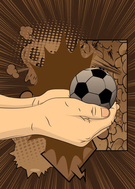 istock Cartoon, comic book human hands holding Soccer Ball. Retro vector comics pop art design. 2205962551
