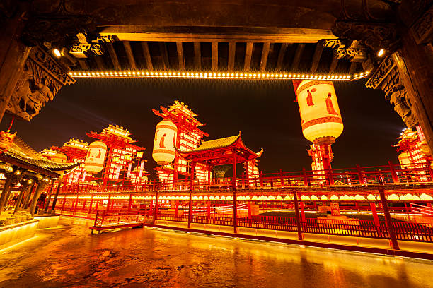 Chinese lanterns by the river in winterChinese festive lantern at night Chinese traditional lanterns at night