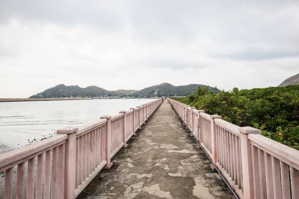 istock Long Concrete Bridge Leading to Distant Hills on Cloudy Day 2205966086