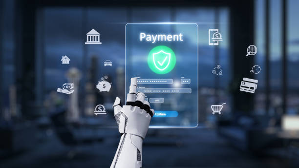 istock Futuristic Robotic Hand Interacting with Virtual Payment Screen in Modern Urban Environment with Payment Icons and Security Features. Auvana 2205967700