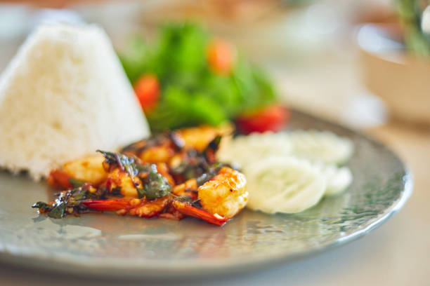 Close up Stir fried shrimp basil ,thai food.