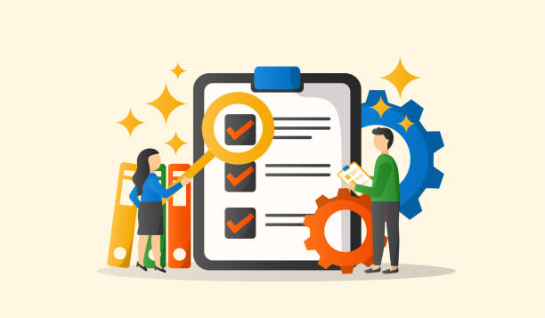 illustrations, cliparts, dessins animés et icônes de bannière web de personnages de dessins animés sop. illustration vectorielle concept d’entreprise pour la procédure d’exploitation standard avec une icône d’instruction pour aider l’employé dans des opérations de routine complexes. - uniformité