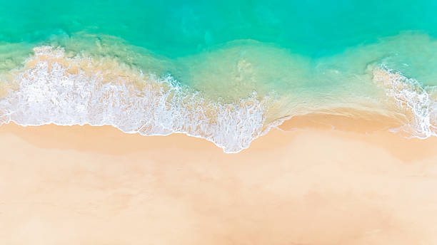 istock Tropical beach waves washing over white sand with blue sea horizon view. 2205978092