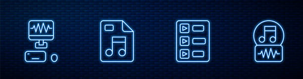 istock Set line Music playlist, recording studio, MP3 file document and note, tone. Glowing neon icon on brick wall. Vector 2205978709