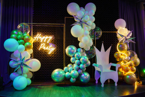 istock Happy Birthday Lettering LED Strip Light and a white children's throne 2205985406