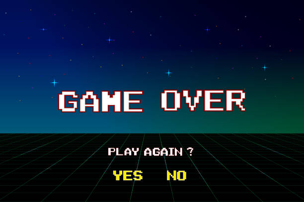 istock Game Over, Retro games for game assets in retro futuristic sci-fi background vector illustration. Glowing neon from an old arcade 2205986609