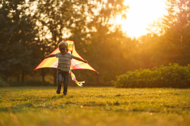 Playful boy having fun while running with a kite on the meadow during sunny day