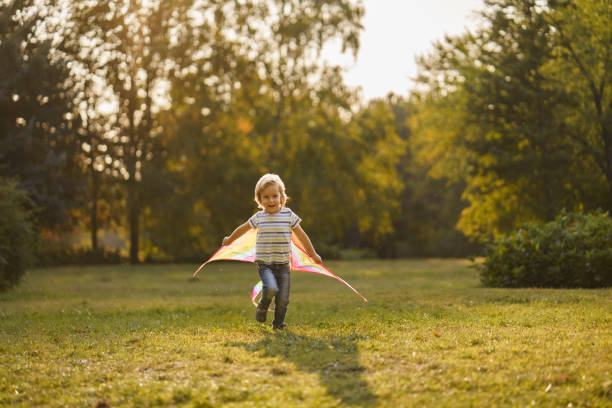 Happy little boy whit kite having fun playing in public park
