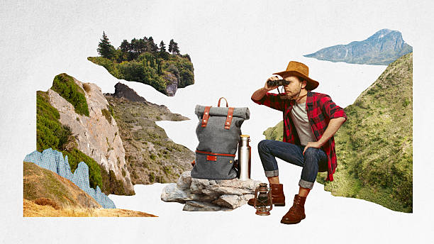 istock Man with binoculars sitting on rock with backpack, observing distant landscapes. Contemporary art collage. Camping. 2205993983