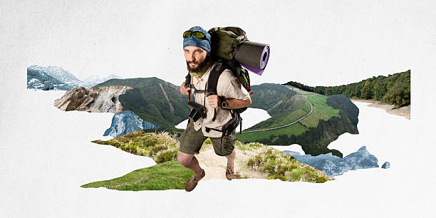 istock Bearded man, traveler with heavy backpack hiking through lush green mountains, ready for active adventure. Contemporary art collage. 2205993988