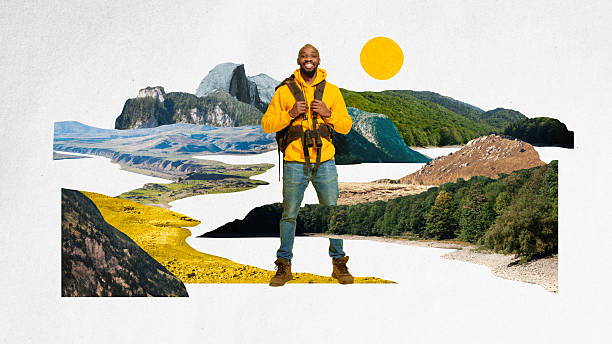 istock Smiling man in bright yellow jacket with binoculars exploring wild landscapes, enjoying nature and freedom. Contemporary art collage. 2205993989